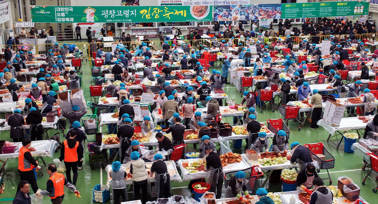 지난 2025년 평창고랭지김장축제에서 방문객들이 함께 김장을 하는 모습